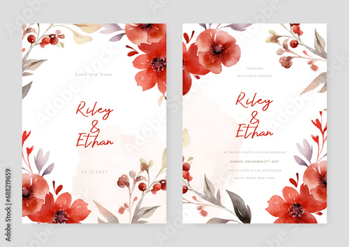 Red hibiscus modern wedding invitation template with floral and flower