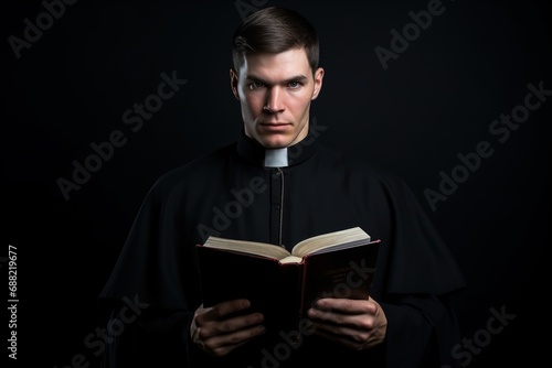 Catholic christian church priest wearing black cassock robe holding the holy bible book in his hands. Isolated on dark black background