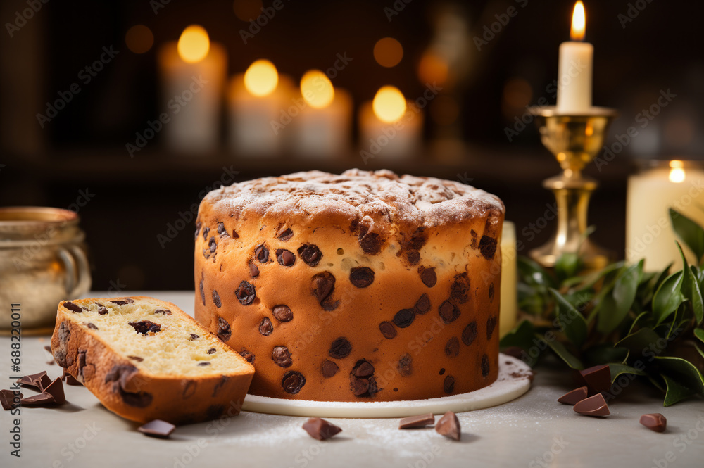 Fototapeta premium Festive Panettone Cake with Chocolate Chips on a plate. Horizontal, side view.