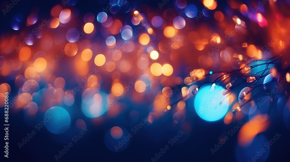 Decorative artistic background. Holiday illumination and decoration concept. Christmas garland blurred bokeh lights over dark background. Abstract close up fiber optics light for background  - obrazy, fototapety, plakaty 