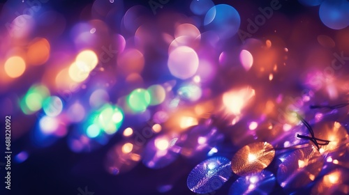 Decorative artistic background. Holiday illumination and decoration concept. Christmas garland blurred bokeh lights over dark background. Abstract close up fiber optics light for background  © Boraryn