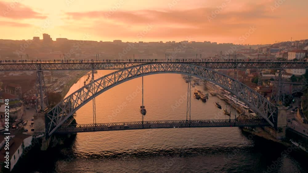 Aerial view of Porto with Luis I Bridge and Douro River at sunset. High quality 4k footage Aerial view of Porto with Luis I Bridge and Douro River at sunset. High quality 4k footage