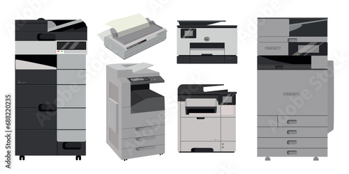 Set of gray printers in cartoon style. Vector illustration of different types of printers with cartridges isolated on a white background. Printers for printing digital and graphic information.