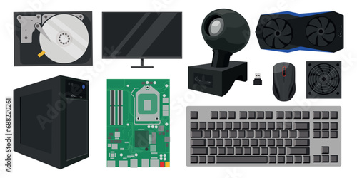 Set of personal computer elements in cartoon style. Vector illustration of a computer, hard disk, system unit, keyboard, mouse, web camera, flash drive, column,cooler isolated on white background.