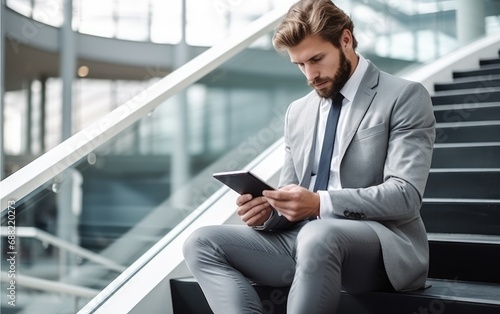Businessman is sitting on the stairs with his tablet