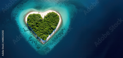 A heart shaped tropical island surrounded by magnificent ocean bird's eye view, photographic