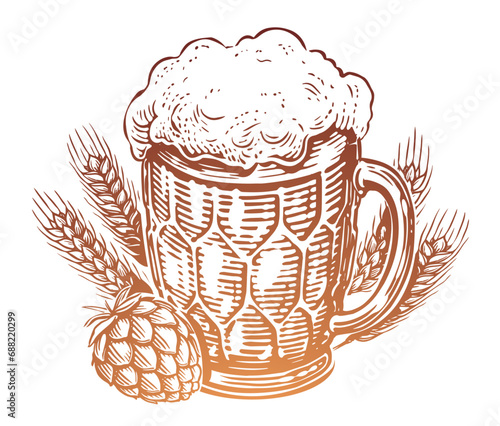 Hand drawn mug of beer with foam, hops and wheat. Pub, sketch vintage vector illustration