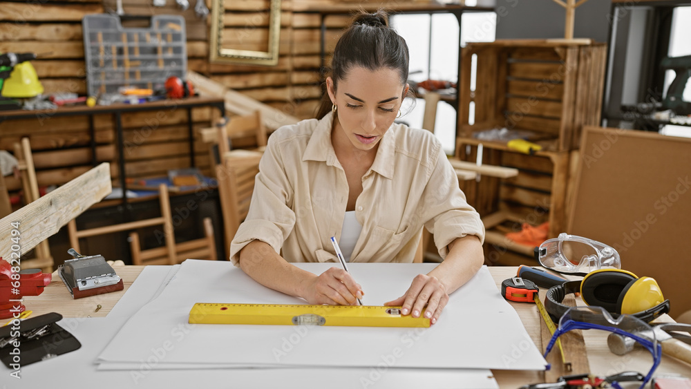 Beautiful young hispanic woman scientist doubting in carpentry - a portrait of relaxed concentration, glasses reflecting workshop lighting as she ventures into woodwork research after dark Beautiful young hispanic woman scientist doubting in carpentry - a portrait of relaxed concentration, glasses reflecting workshop lighting as she ventures into woodwork research after dark