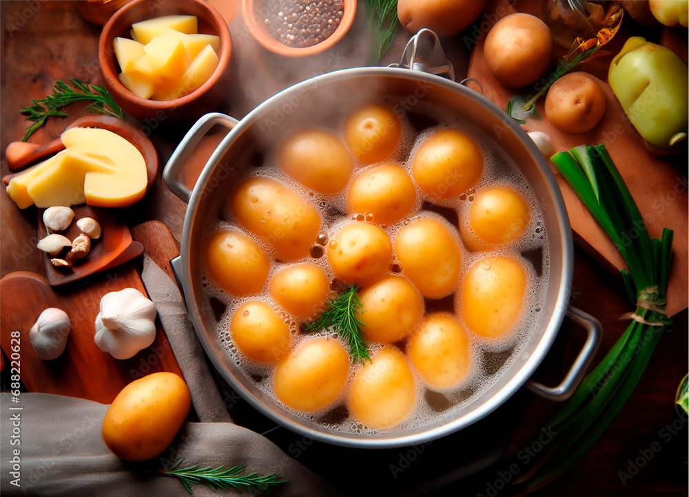 The cook cooks fresh potatoes in a saucepan The cook cooks fresh potatoes in a saucepan