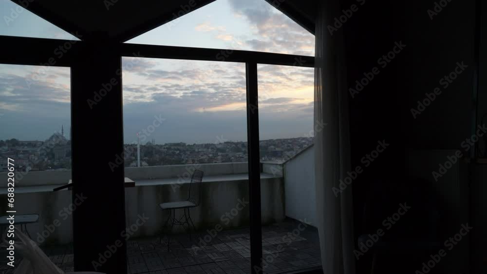 sunset sky istanbul city golden horn bay top apartment window view slow motion panorama 4k turkey sunset sky istanbul city golden horn bay top apartment window view slow motion panorama 4k turkey