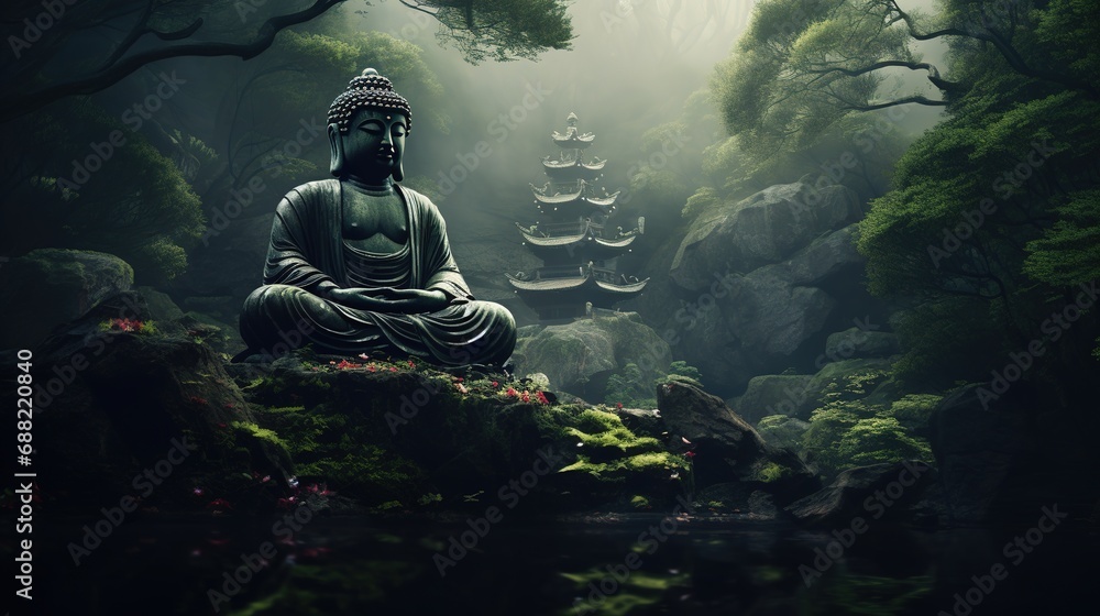Green Buddha sits on the rock pile among forest trees. Mystical forest landscape with traditional japanese pagoda. Zen landscape. Japanese temple in the forest.  - obrazy, fototapety, plakaty 
