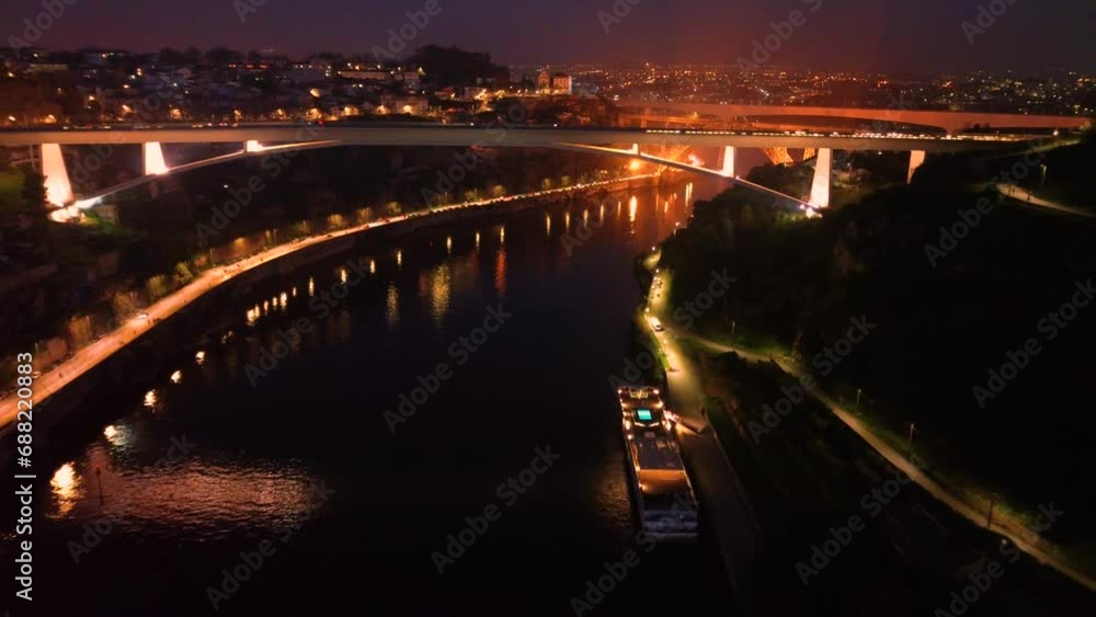 Aerial view of Porto with Luis I Bridge and Douro River at night. High quality 4k footage Aerial view of Porto with Luis I Bridge and Douro River at night. High quality 4k footage