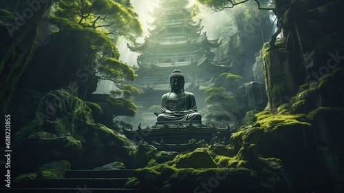 Green Buddha sits on the rock pile among forest trees. Mystical forest landscape with traditional japanese pagoda. Zen landscape. Japanese temple in the forest.  © Boraryn