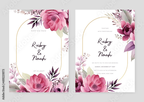 Pink and purple violet peony luxury wedding invitation with golden line art flower and botanical leaves, shapes, watercolor