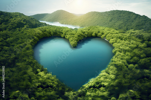 A view of a sea bay with blue water in the shape of a heart symbol, surrounded by tropical forests photo