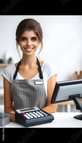 A portrait of a smiling, young, and attractive saleswoman, standing near a cash register, with a white background.