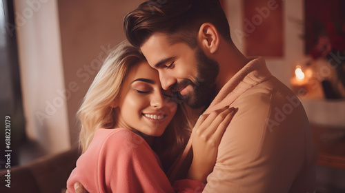 Close up portrait of a European young couple hugging, smiling and loving each other. An man and a woman on a date celebrate Valentine's Day. The concept of romantic relationships. photo