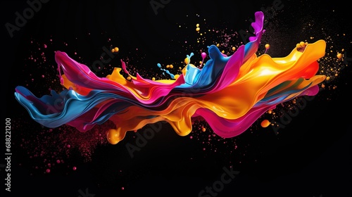 Mix color liquid splashes, swirl and waves with scatter drops. paint, oil or ink splashing dynamic motion, design elements for advertising isolated on black background.  photo