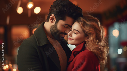 Close up portrait of a European young couple hugging, smiling and loving each other. An man and a woman on a date celebrate Valentine's Day. The concept of romantic relationships.