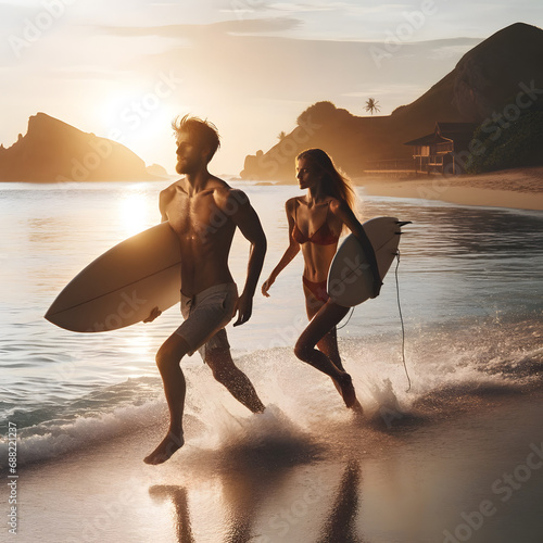 A photo of a couple running into the water with surfboards. photo