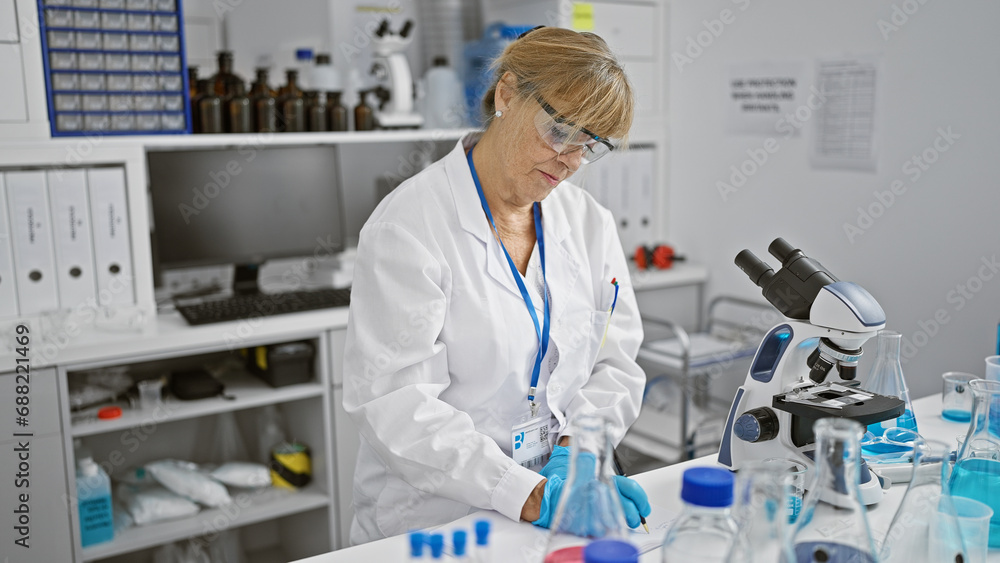 Intriguing glimpse into the life of a beautiful middle age blonde scientist, deeply engaged in serious medical research, meticulously taking notes in a professional laboratory setting.