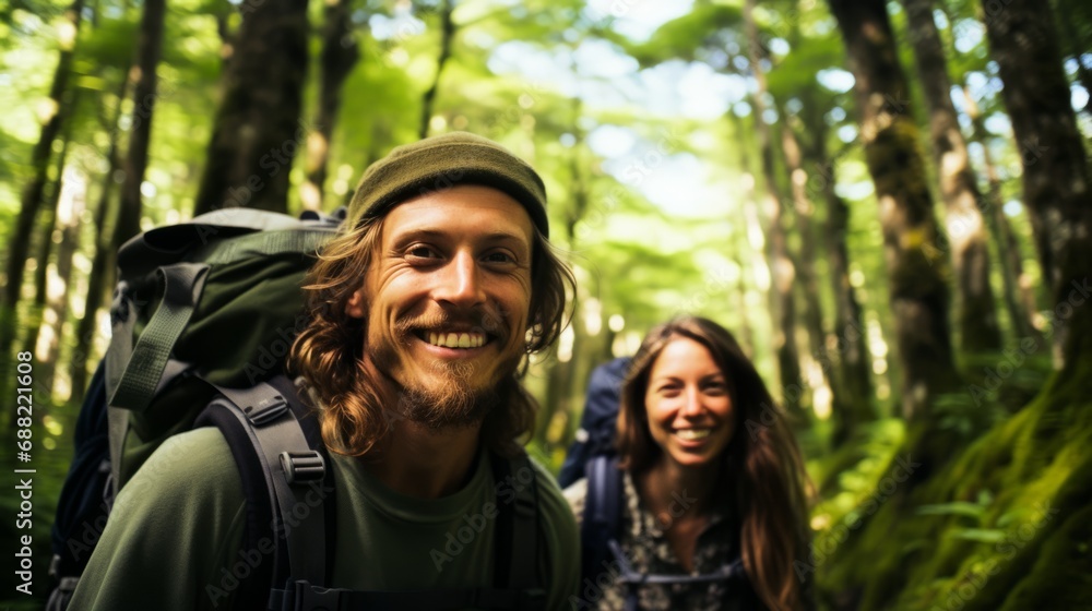 Young couple walking with backpacks deep in the lush forest Young couple walking with backpacks deep in the lush forest