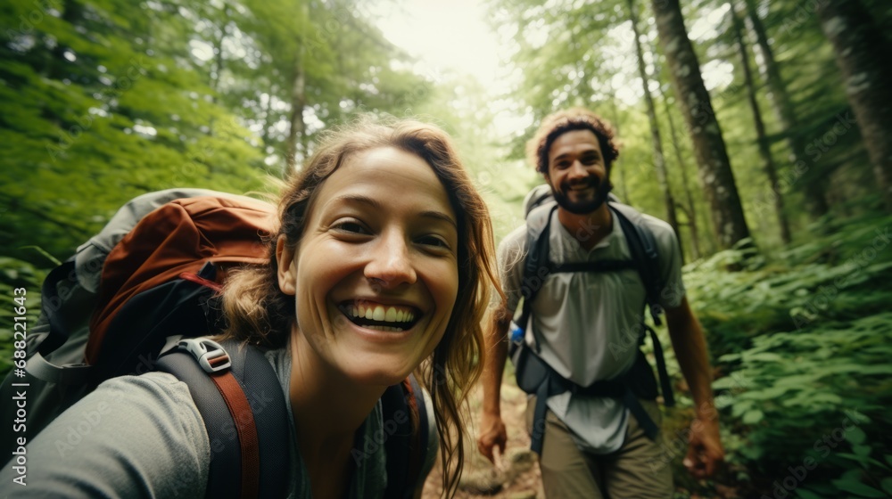 Young couple walking with backpacks deep in the lush forest Young couple walking with backpacks deep in the lush forest