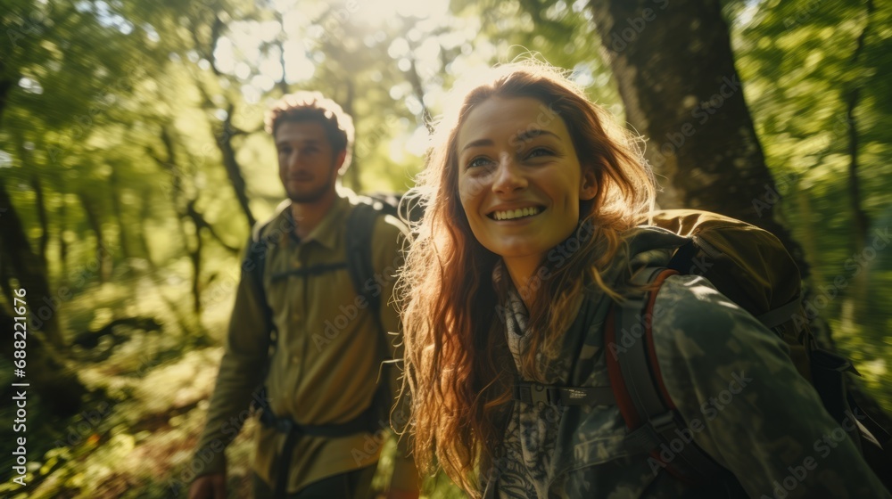 Young couple walking with backpacks deep in the lush forest