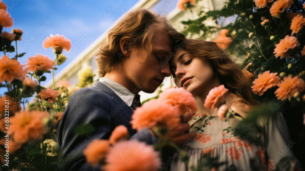 Young couple posing in a flowering garden