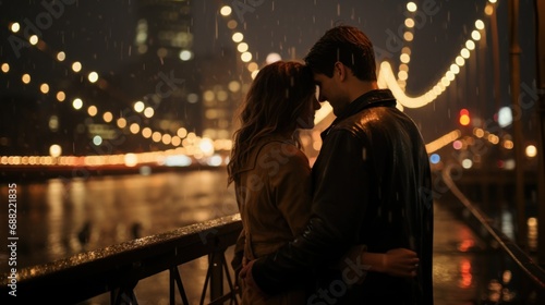 Young couple having romantic moments on a bridge in the evening