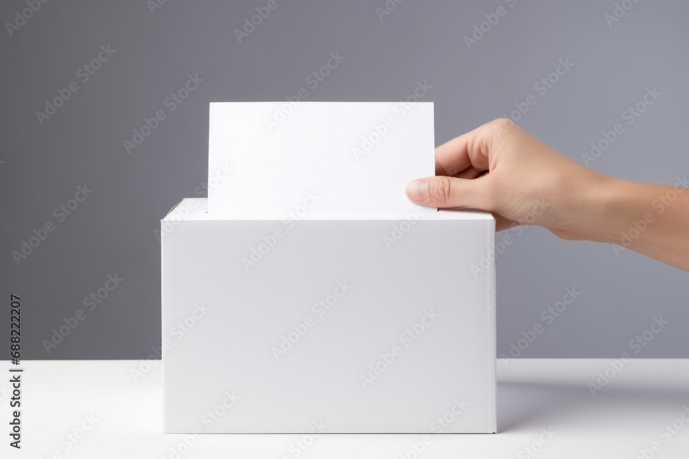 Hand putting a paper in a voting box, concept of elections, politics. Generative AI Hand putting a paper in a voting box, concept of elections, politics. Generative AI
