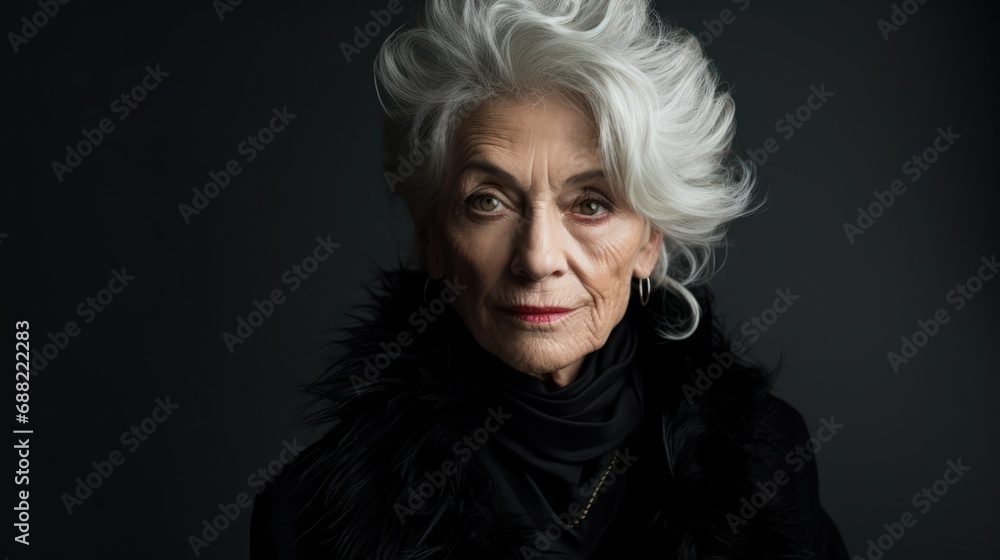 Old woman with white hair in front of black background Old woman with white hair in front of black background