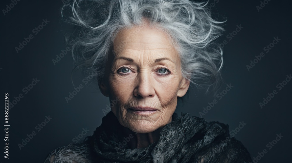 Old woman with white hair in front of black background Old woman with white hair in front of black background