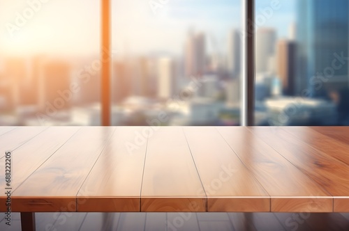 Empty wooden table in office with blurry city view. Good for background in business concept. Generative AI 
