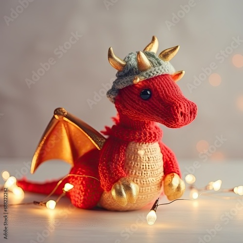 Dragon toy. Warm light garland. Christmas mood. symbol of the year. Chinese Lunar New Year