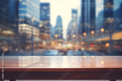 Empty wooden table in office with blurry city view. Good for background in business concept. Generative AI 