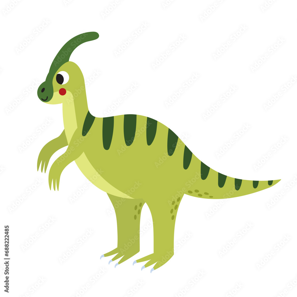 Fototapeta premium Cute parasaurolophus in cartoon style isolated element. Funny dinosaur of jurassic period for kids design. Prehistorical dino clipart. Vector illustration 