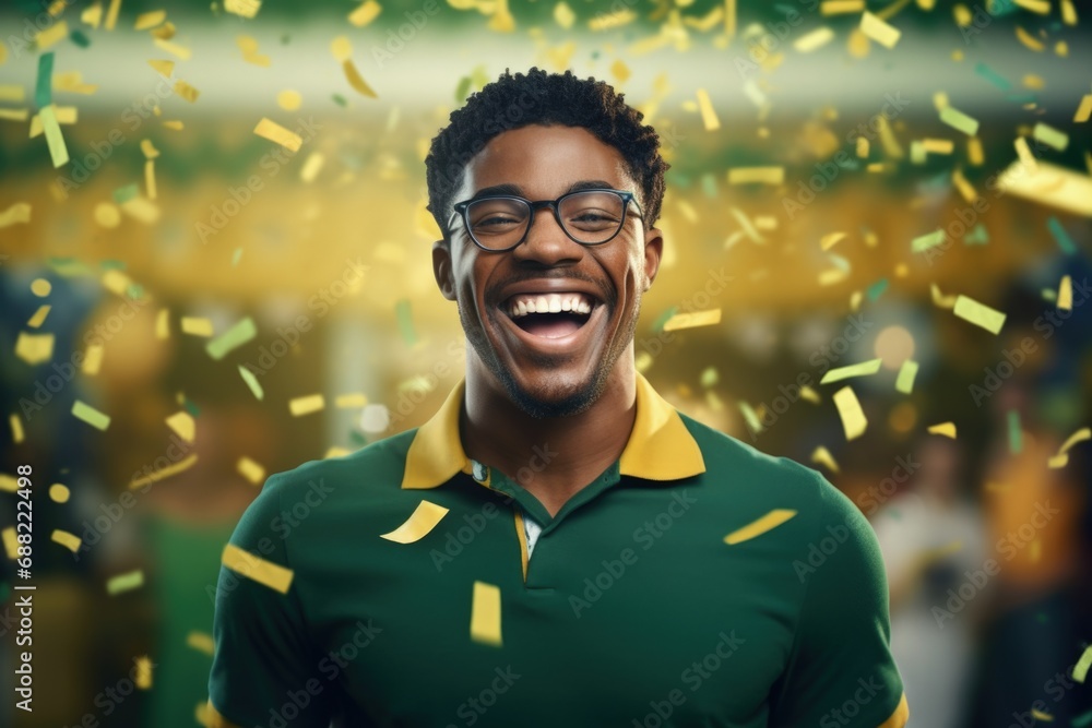 Smiling man with green and yellow confetti falling around him. celebration concept. Generative AI Smiling man with green and yellow confetti falling around him. celebration concept. Generative AI