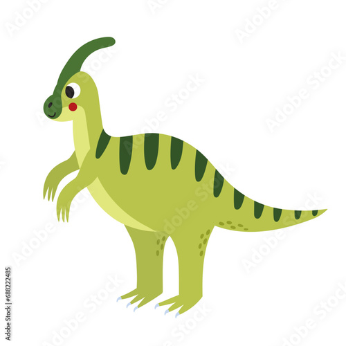 Cute parasaurolophus in cartoon style isolated element. Funny dinosaur of jurassic period for kids design. Prehistorical dino clipart. Vector illustration 