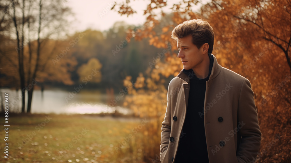 Obraz premium Beautiful male walks in the autumn park. Scenic autumn landscape, fall foliage. Outdoor activities. Autumn walk in nature. Enjoy the weather and fresh air. Travel and exploration. Generated AI