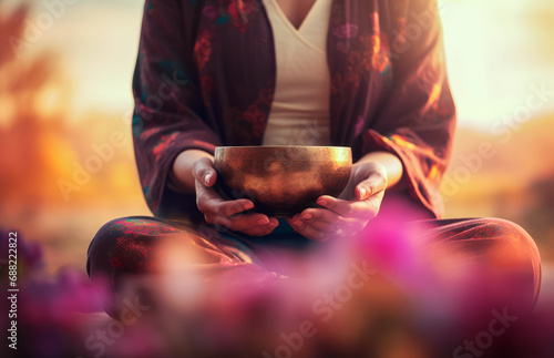 Tibetan singing bowl for meditation and healing in woman's hands 