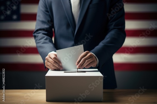 Man putting paper in a voting box, concept of elections, politics. Generative AI