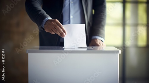 Man putting paper in a voting box, concept of elections, politics. Generative AI