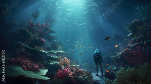 Underwater Odyssey: Diver Explores the Serene Depths of a Coral Reef Ecosystem AI-Generativ © 경무 박