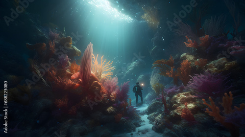 Underwater Odyssey: Diver Explores the Serene Depths of a Coral Reef Ecosystem AI-Generativ photo