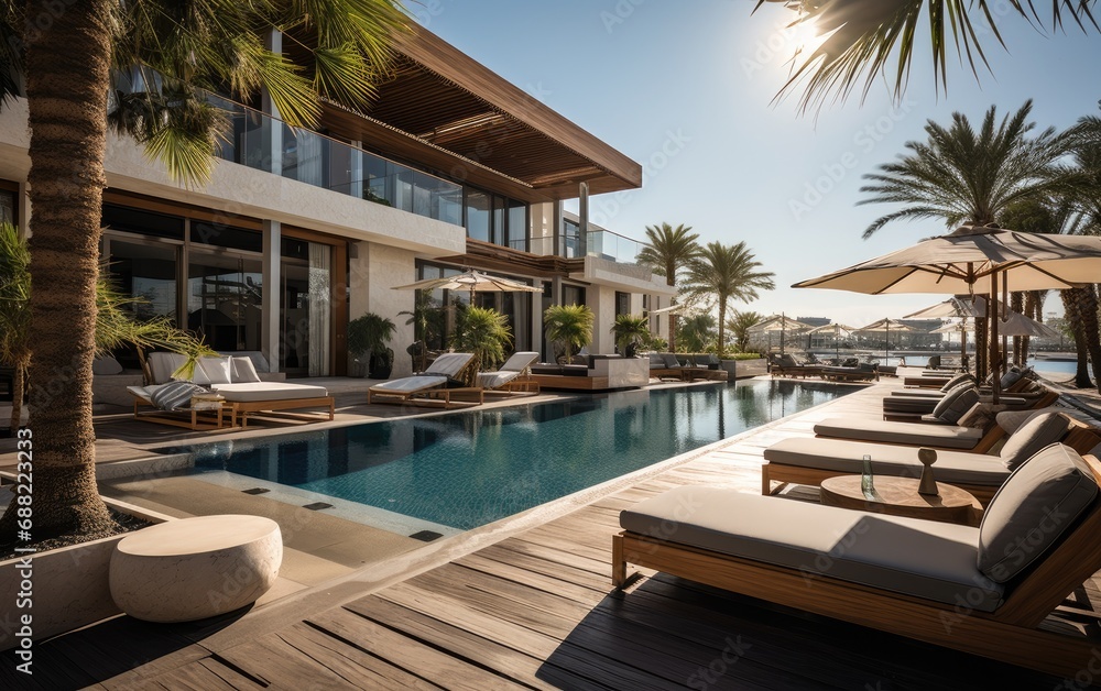 Fototapeta premium A modern superior hotel pool and superior outdoor sofas at a sunny day