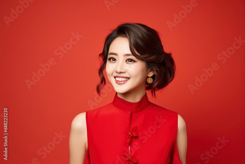 photo portrait of beautiful Asian woman wearing cheongsam smiling and posing, isolated on one color background, copy space. generative ai