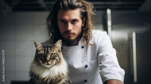 Chef man posing with his cat