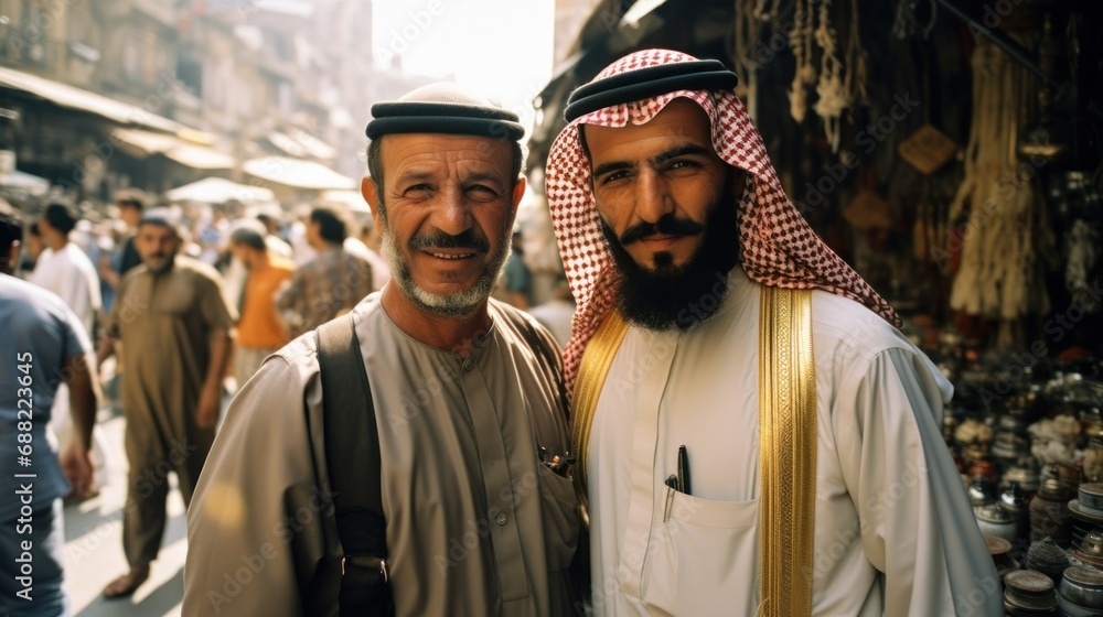 Middle Eastern men in a traditional local market - obrazy, fototapety, plakaty 