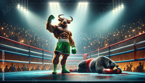 Bull boxer knocked out the bear in the stock market ring, a metaphor for stock market's bull run
